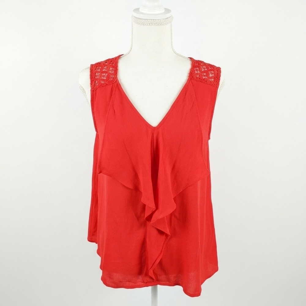 H Squared Women's Red Sleeveless Ruffle V-Neck Top With Crochet Xs‎ Boutique